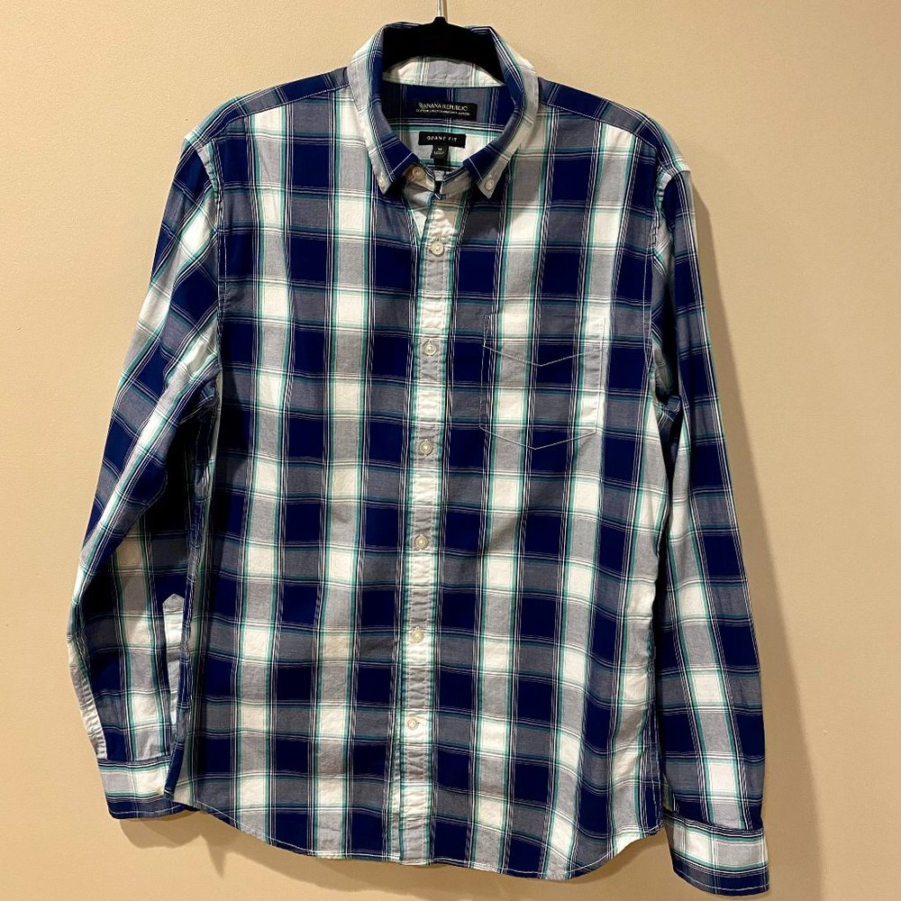 Banana Republic Pinpoint Oxford Shirt Green Plaid - Picture 1 of 9